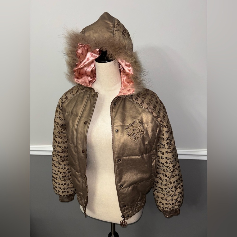 Rocawear Leather Hooded Jacket with Fur Trim